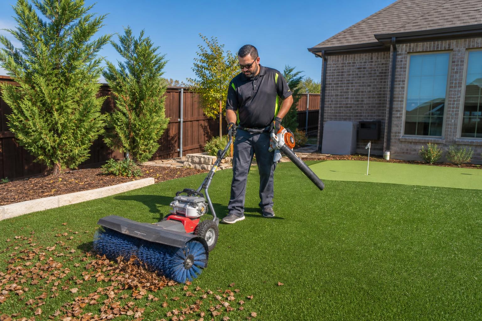 Power broom grooming artificial turf in a McKinney TX backyard