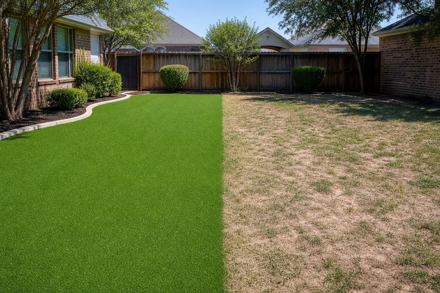 Side by side comparison of artificial turf and dry natural grass in a McKinney backyard