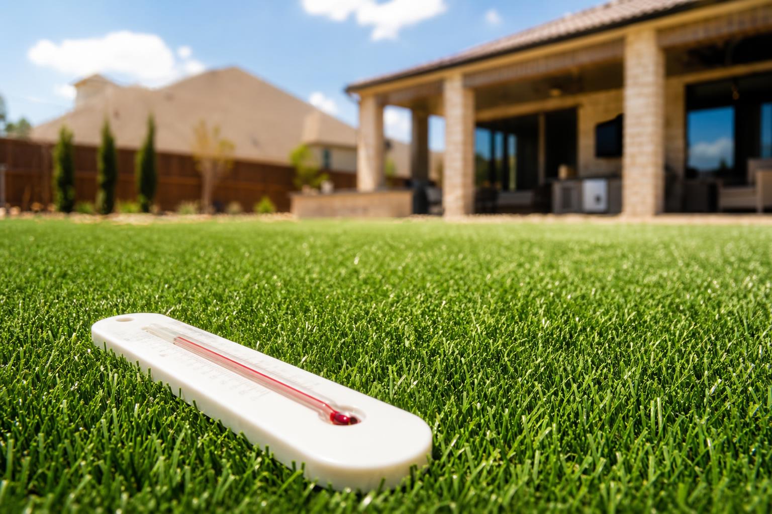 Thermometer resting on artificial turf in a McKinney TX backyard during summer