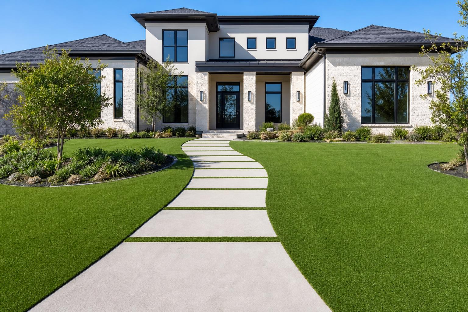 Modern Craig Ranch McKinney TX home with artificial turf front lawn and stone path