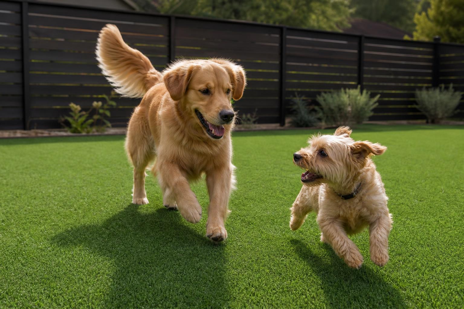 Two dogs running on bright green pet turf in a McKinney backyard