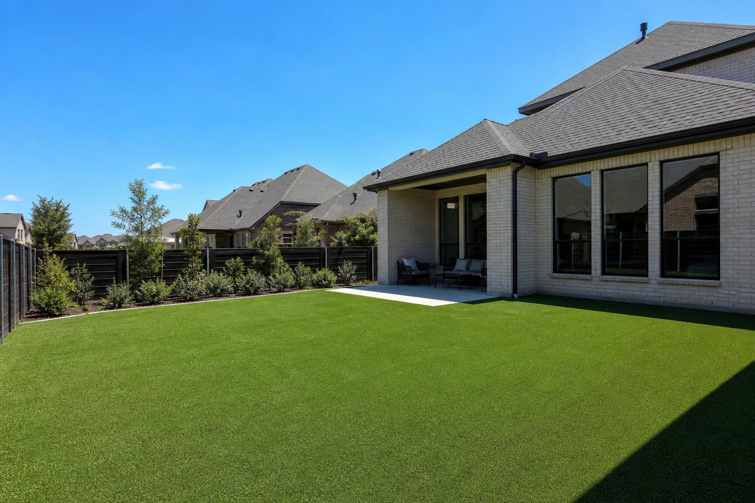 Trinity Falls McKinney TX backyard with freshly installed artificial turf and modern fence