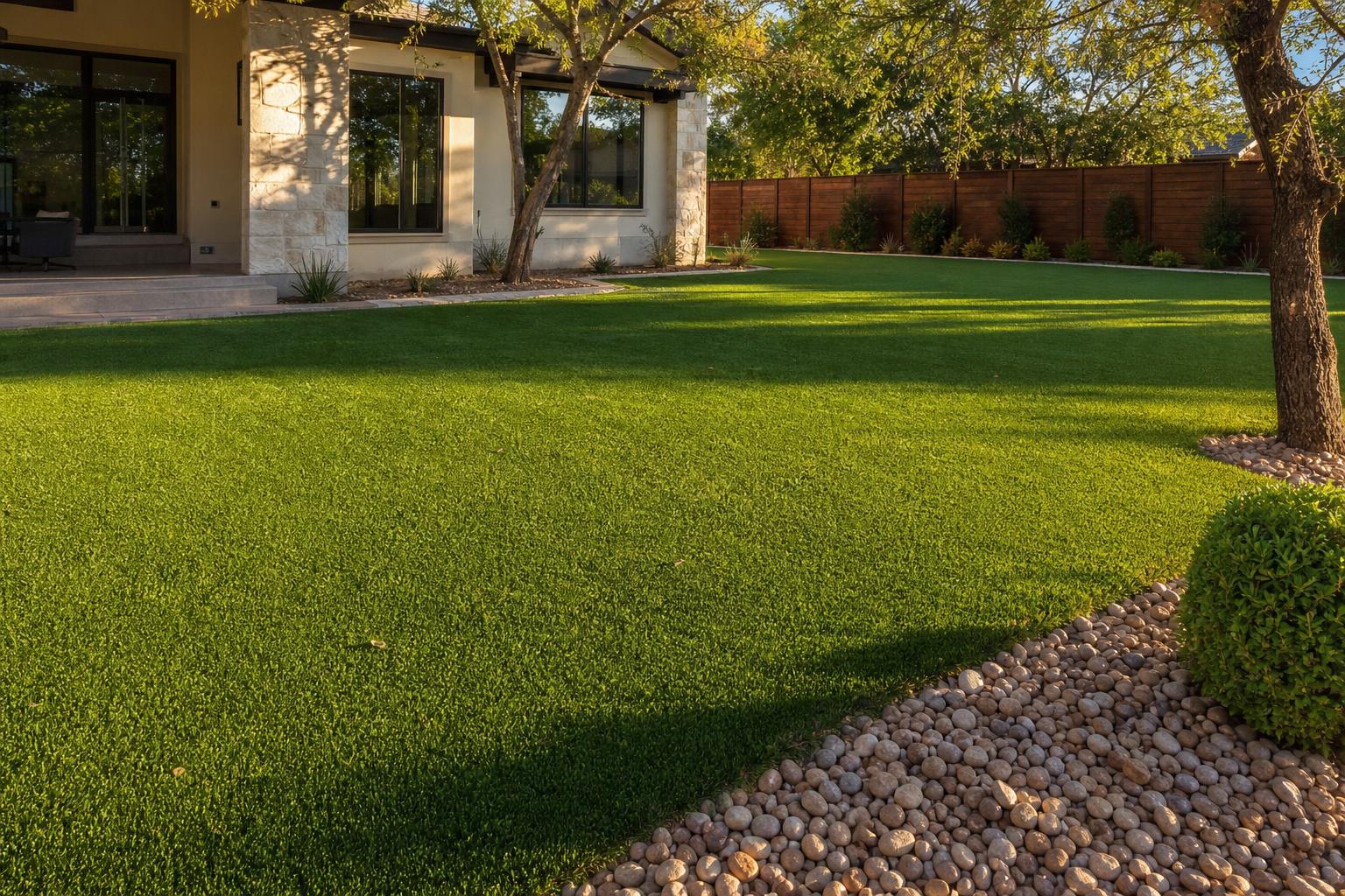 Mature artificial turf lawn in a McKinney TX backyard, still vibrant after years of use